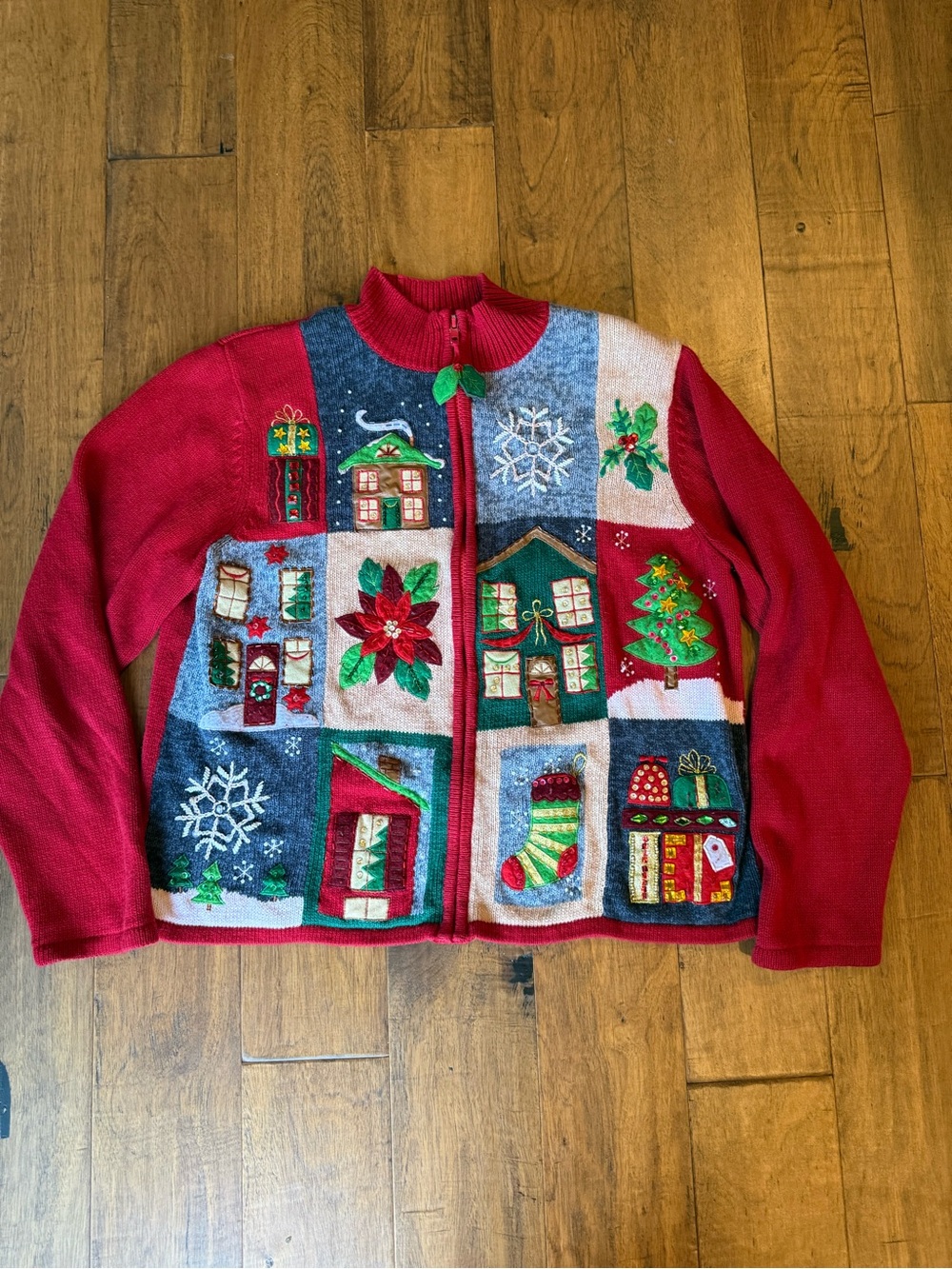 Vintage Dressbarn Red Patchwork Holiday Zip-Up Sweater